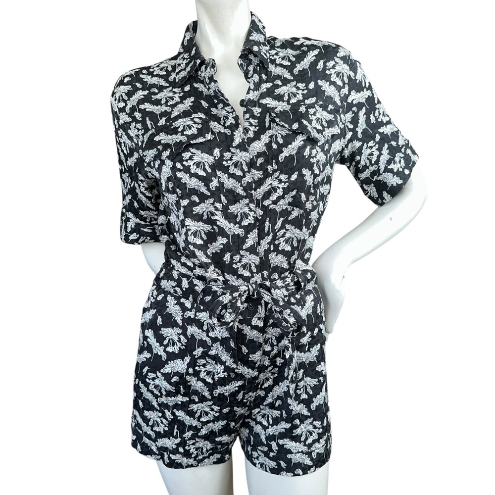 Rag & Bone Black White Leaf Floral Leaf Print Collared Button Down Romper Size 0